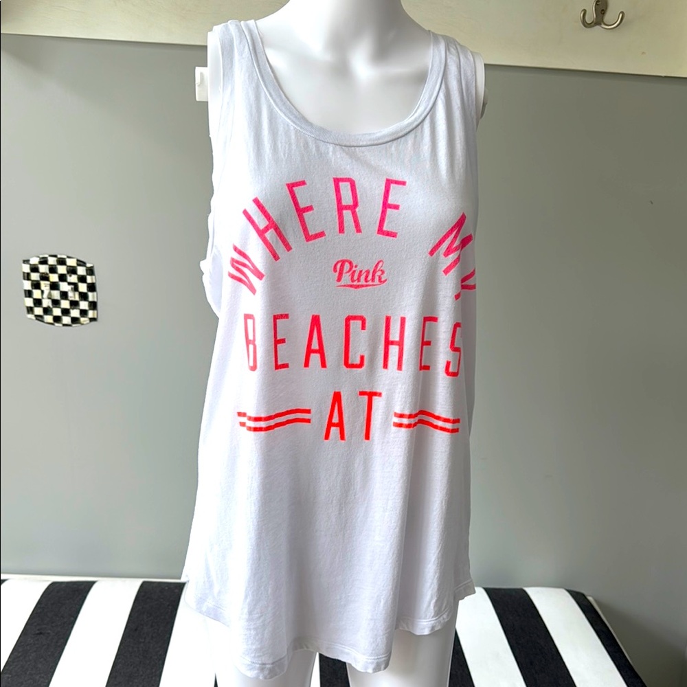 VS PINK Oversized White/Neon Pink “Where my Beaches At” Tank Top/ Cover-Up-Med